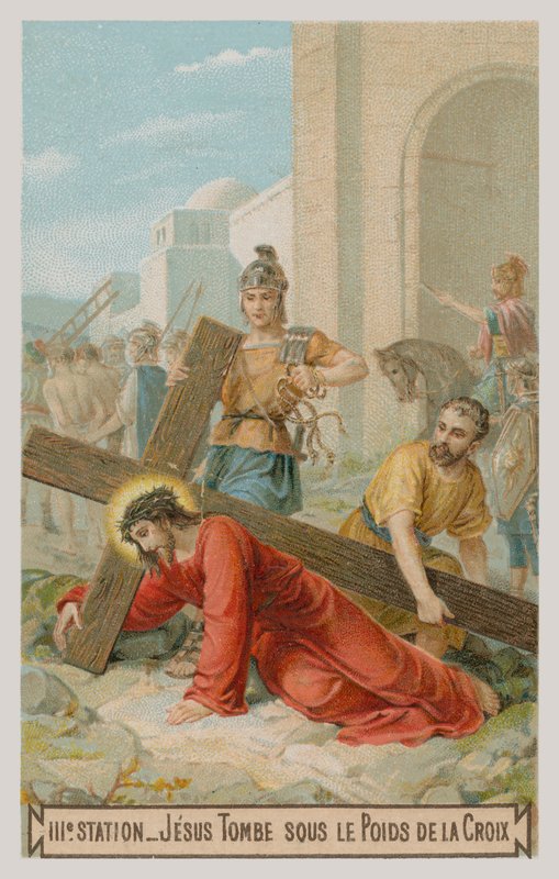 Jesus fällt zum ersten Mal unter dem Kreuz. Die dritte Station des Kreuzwegs von French School