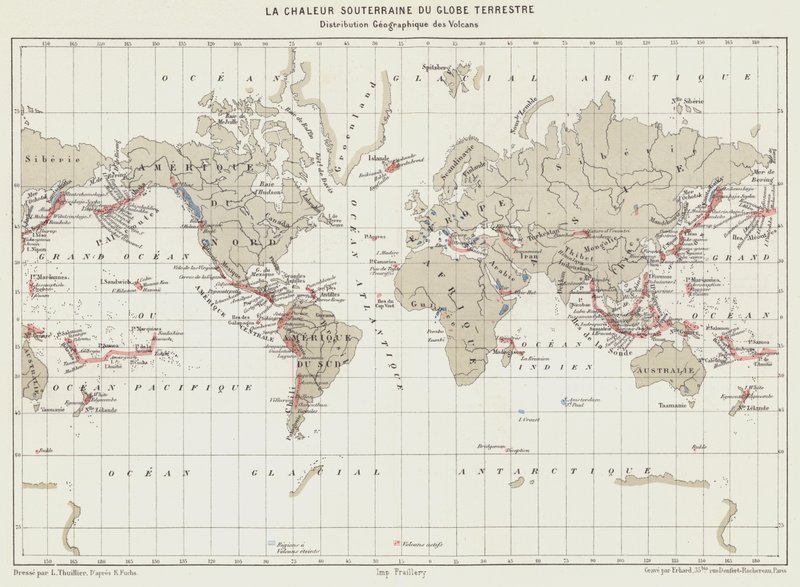 Die unterirdische Wärme der Erde, geographische Verteilung der Vulkane von French School