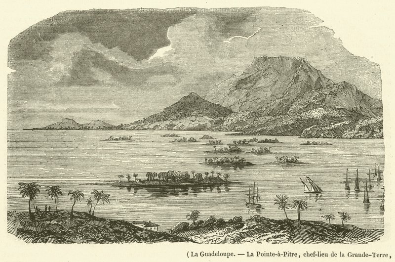 Guadeloupe, Pointe-à-Pitre, Hauptstadt von Grande-Terre, teilweise zerstört durch das Erdbeben vom 8. Februar 1843 von French School