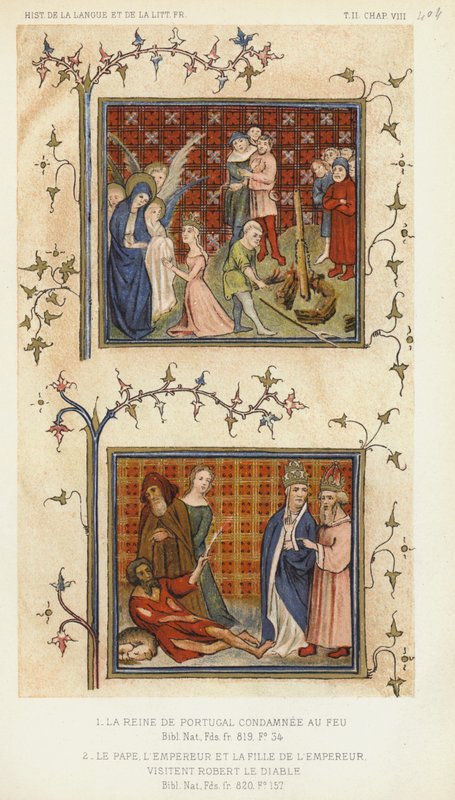 Die Königin von Portugal zum Feuer verurteilt, der Papst, der Kaiser und die Tochter des Kaisers (Farblithografie) von French School