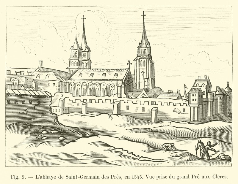 Die Abtei Saint-Germain des Prés im Jahr 1545, Blick vom großen Pré aux Clercs von French School