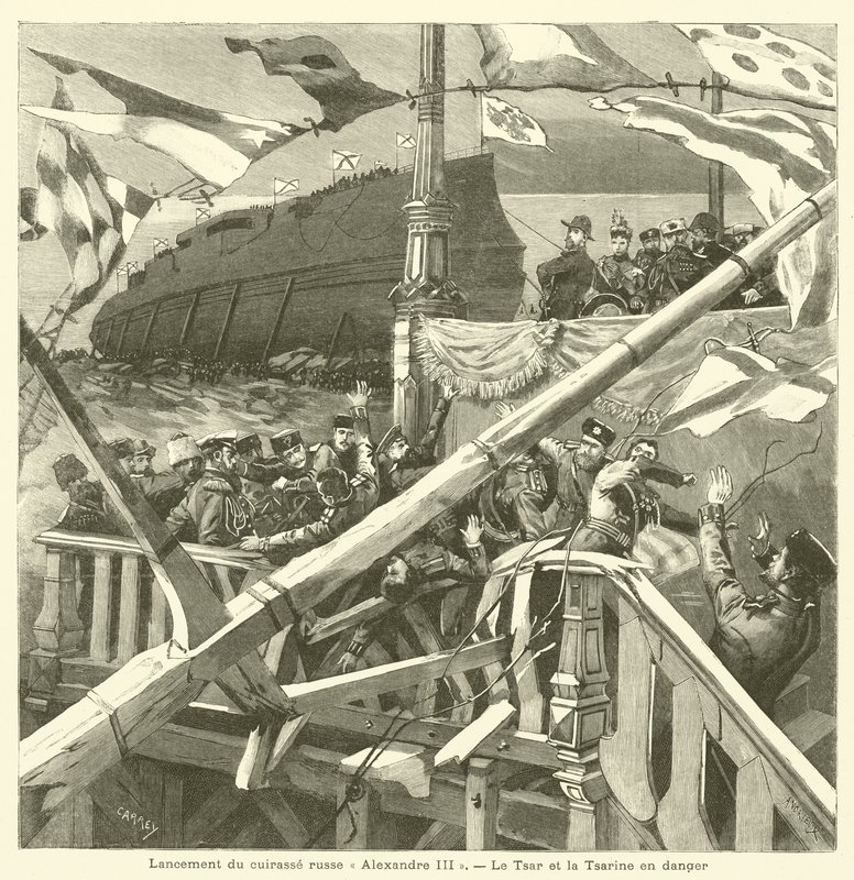Stapellauf des russischen Schlachtschiffs Imperator Aleksandr III (Gravur) von French School