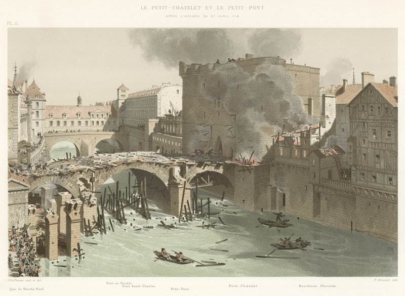 Das Petit-Châtelet und die Petit-Pont, nach dem Brand vom 27. April 1718 von French School