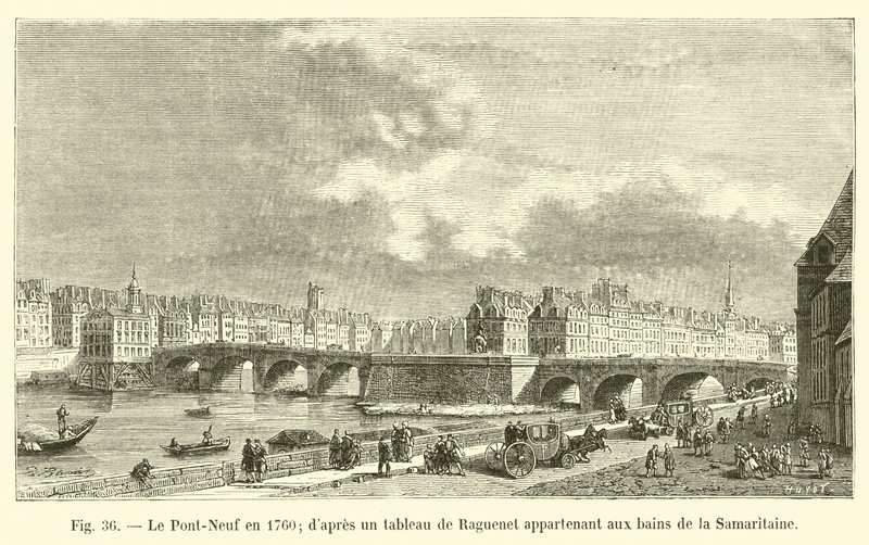 Pont-Neuf im Jahr 1760, nach einem Gemälde von Raguenet, im Besitz der Bäder von Samaritaine von French School
