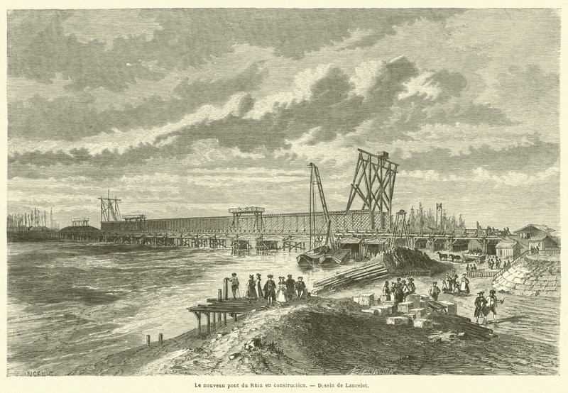 Der neue Rheinbrücke im Bau (Gravur) von French School