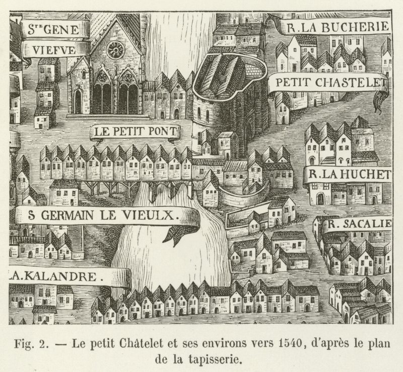 Das kleine Chatelet und seine Umgebung um 1540, nach dem Plan des Wandteppichs von French School