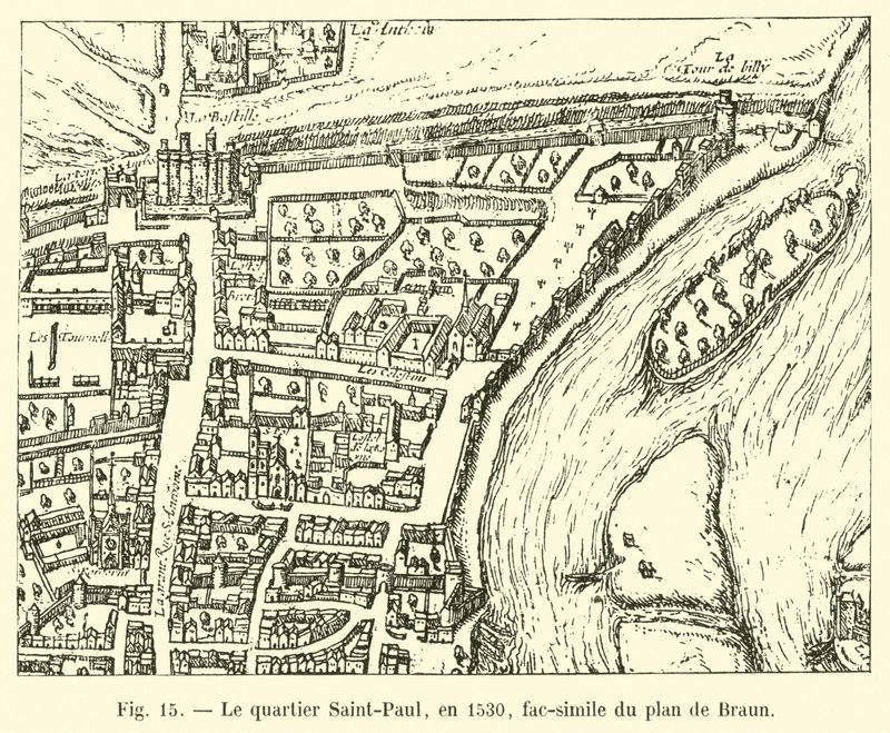 Das Viertel Saint-Paul, 1530, Faksimile des Plans von Braun von French School