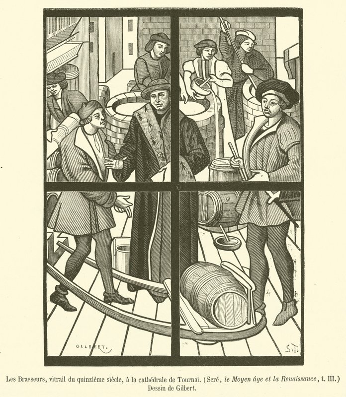 Die Brauer, Glasfenster aus dem 15. Jahrhundert in der Kathedrale von Tournai von French School
