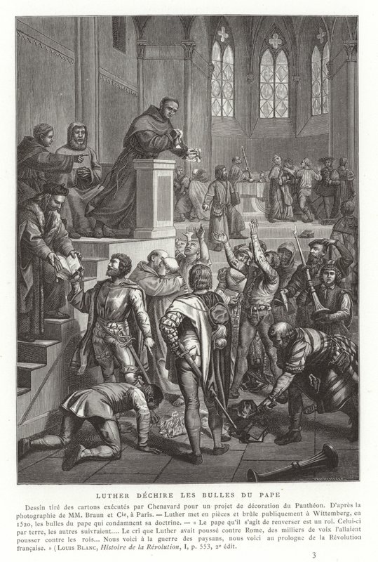 Martin Luther zerreißt päpstliche Bullen, Wittenberg, Deutschland, 1520 von French School