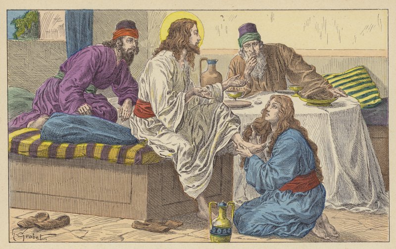 Maria Magdalena zu Füßen Jesu (Farblithografie) von French School