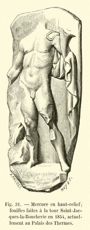 Merkur im Hochrelief; Ausgrabungen an der Tour Saint-Jacques-la-Boucherie 1854, derzeit im Thermenpalast von French School