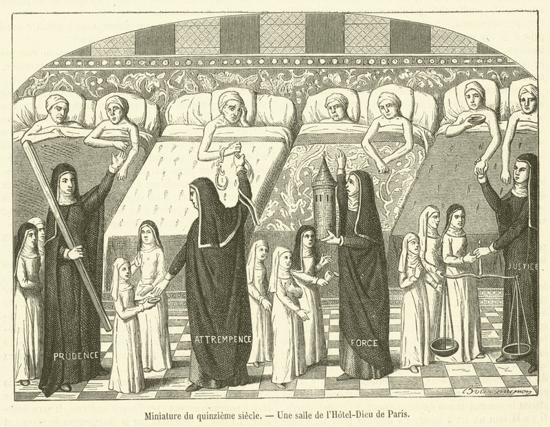 Miniatur des fünfzehnten Jahrhunderts, Ein Saal des Hôtel-Dieu in Paris (Gravur) von French School