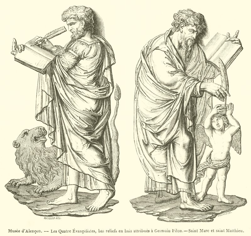 Museum von Alençon, Die vier Evangelisten, Holzreliefs zugeschrieben Germain Pilon, Heiliger Markus und Heiliger Matthäus (Gravur) von French School