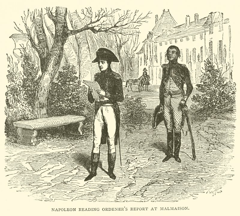Napoleon liest den Bericht von Ordener in Malmaison (Gravur) von French School