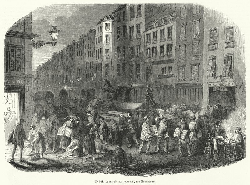 Zeitungsmarkt, Rue Montmartre, Paris (Gravur) von French School