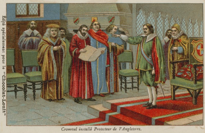 Oliver Cromwell als Lordprotektor von England, Schottland und Irland vereidigt, 1653 von French School