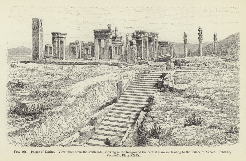 Palast von Darius, Ansicht von der Südseite, im Vordergrund die zentrale Treppe zum Palast von Xerxes von French School