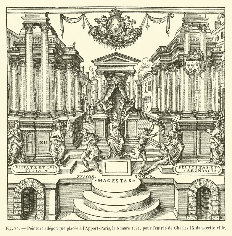 Allegorisches Gemälde am Apport-Paris, 6. März 1571, für den Einzug von Karl IX. in diese Stadt von French School