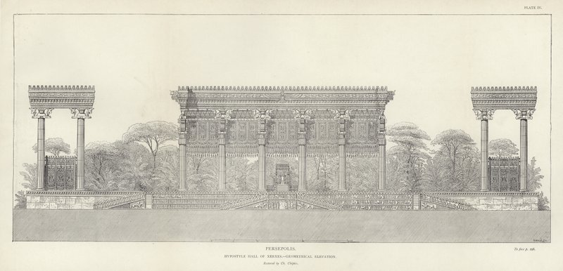 Persepolis, Hypostylhalle von Xerxes, geometrische Erhebung, restauriert von Ch Chipiez von French School