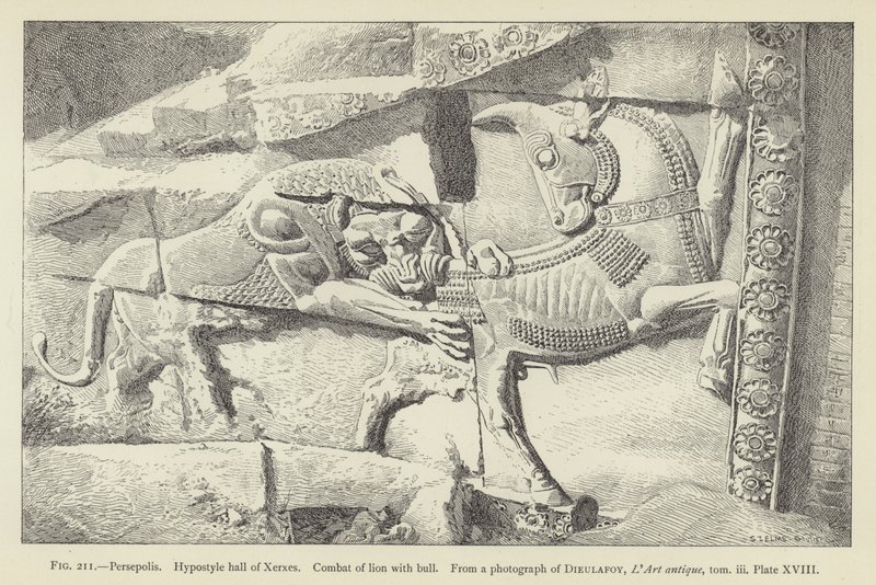 Persepolis, Hypostylhalle von Xerxes, Kampf von Löwe und Stier von French School