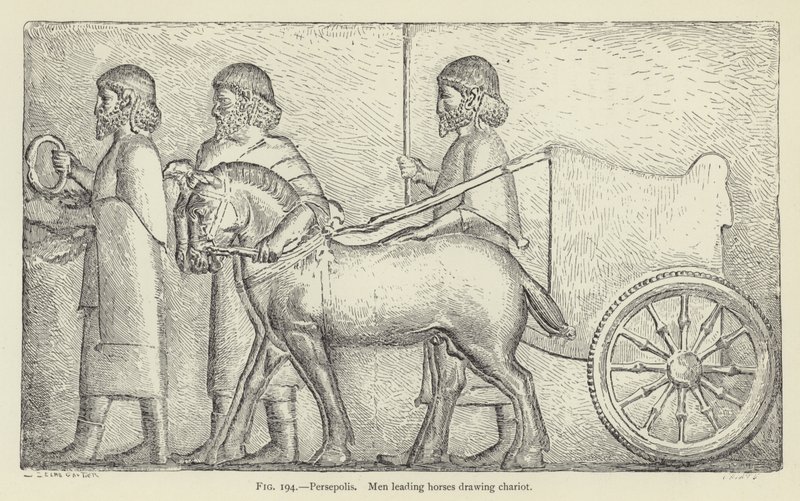 Persepolis, Männer führen Pferde, die einen Wagen ziehen von French School