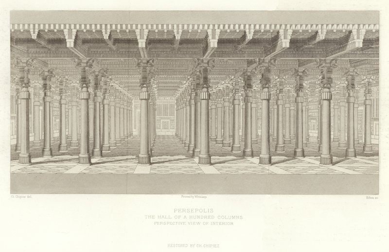 Persepolis, Halle der Hundert Säulen, Perspektivische Ansicht des Innenraums, restauriert von Ch Chipiez von French School