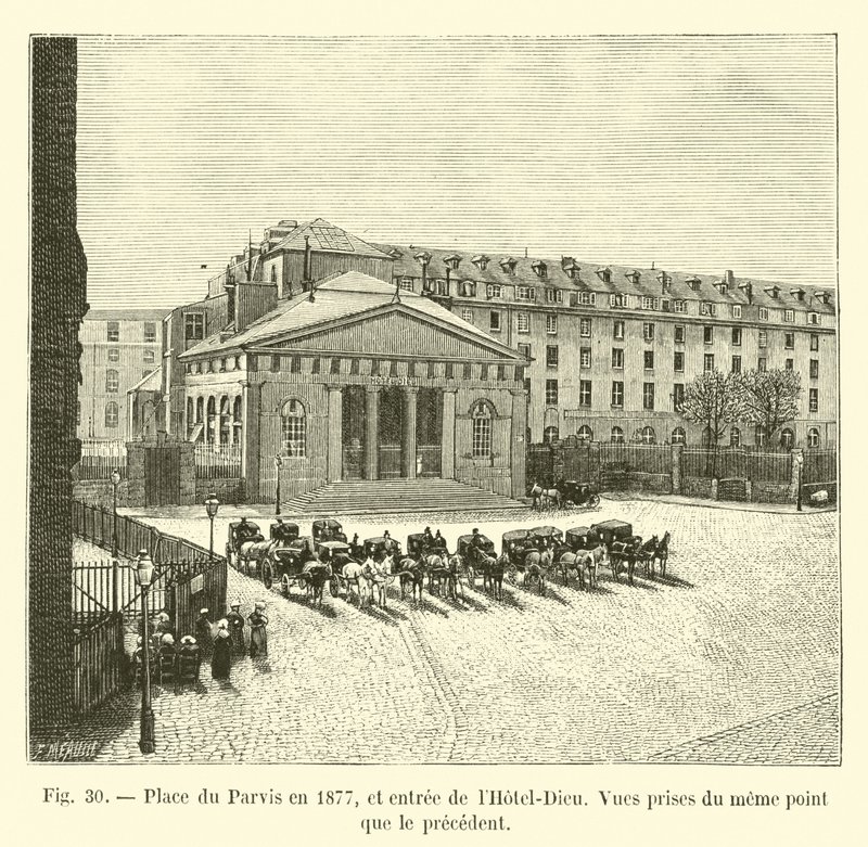 Place du Parvis im Jahr 1877 und Eingang des Hôtel-Dieu, Ansichten vom gleichen Punkt wie zuvor von French School
