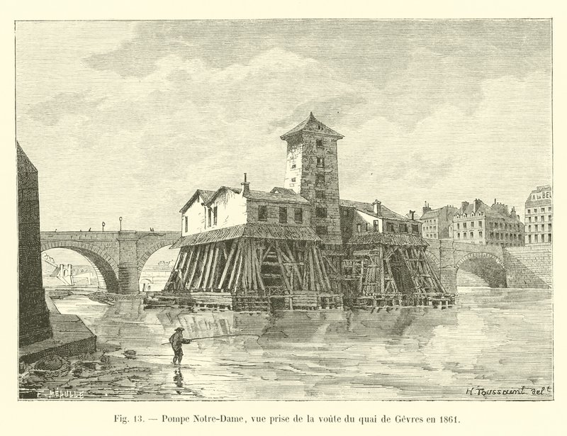 Notre-Dame-Pumpe, Ansicht vom Gewölbe des Quai de Gesvres im Jahr 1861 von French School