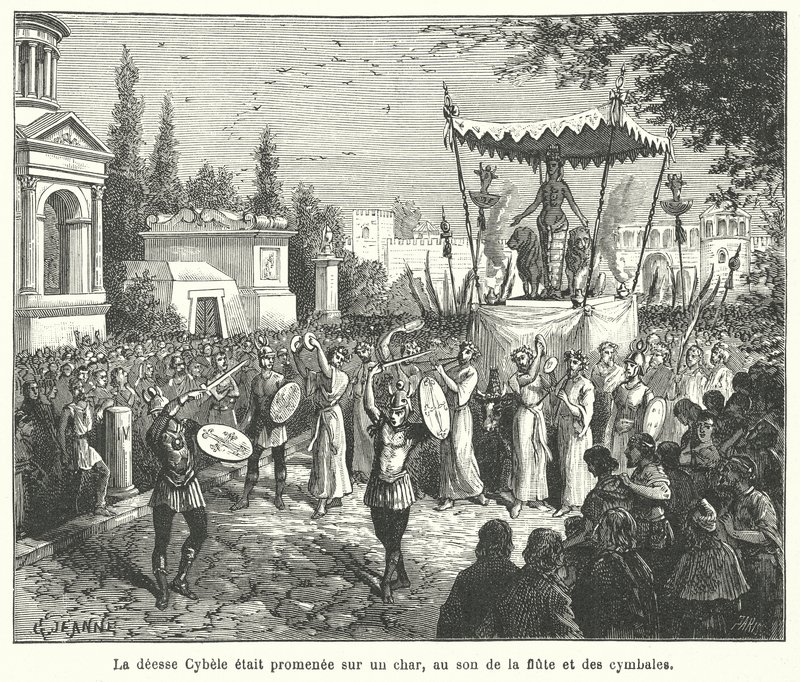 Prozession des Wagens der römischen Göttin Kybele, angeführt von Pfeifern und Zimbelspielern von French School