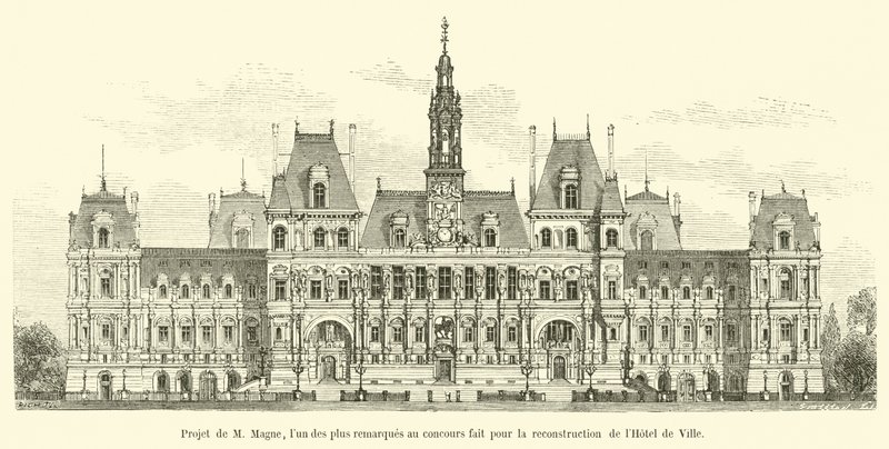 Projekt von M. Magne, eines der bemerkenswertesten im Wettbewerb für den Wiederaufbau des Hôtel de Ville von French School