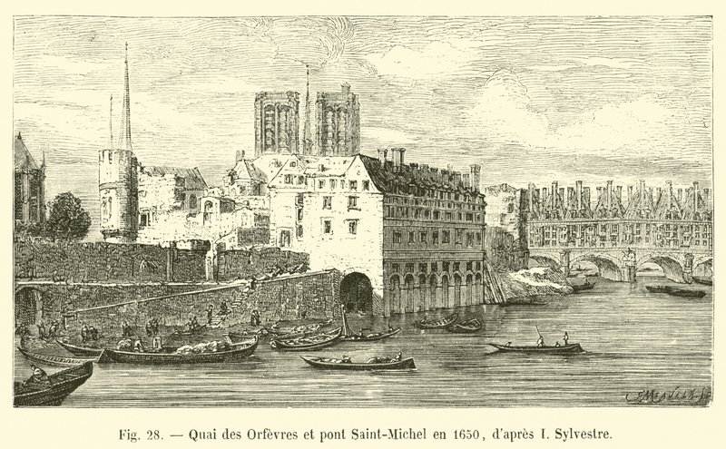 Quai des Orfèvres und Pont Saint-Michel im Jahr 1650, nach I. Sylvestre von French School