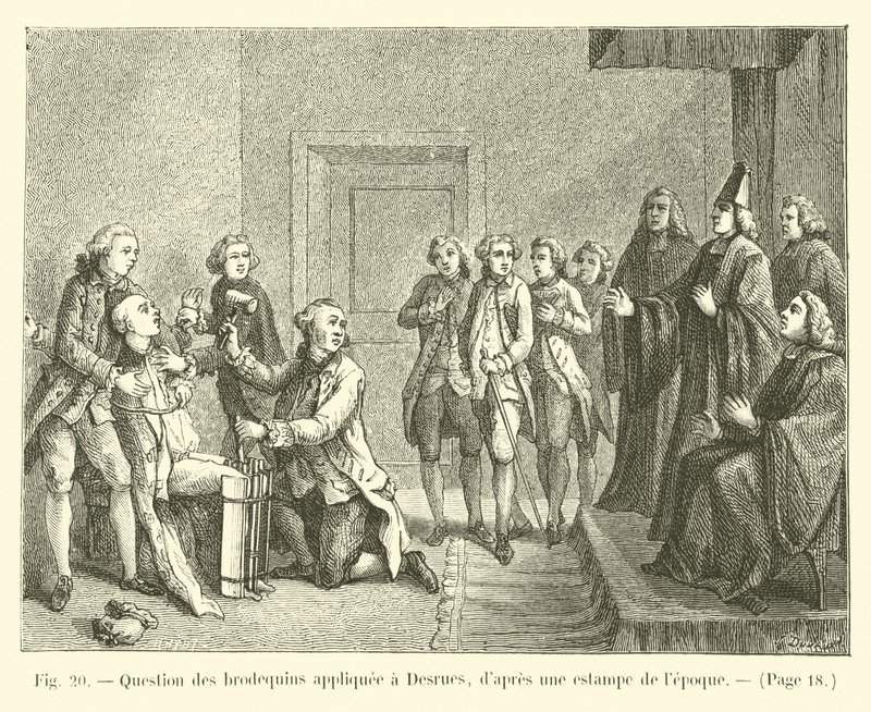 Folter mit den Brodequins angewendet auf Desrues, nach einem zeitgenössischen Stich von French School