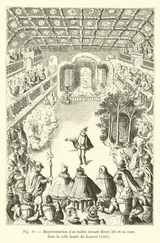 Darstellung eines Balletts vor Heinrich III. und seinem Hof, im oberen Saal des Louvre, 1582 von French School