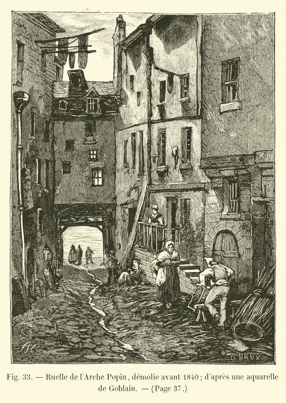 Gasse der Arche Popin, abgerissen vor 1840; nach einem Aquarell von Goblain von French School