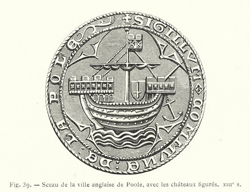 Siegel der englischen Stadt Poole, mit abgebildeten Burgen, XIII. Jh. (Stich) von French School
