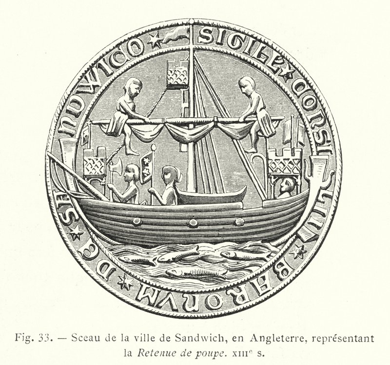 Siegel der Stadt Sandwich, England, Darstellung des Heckkastells, XIII. Jh. (Stich) von French School