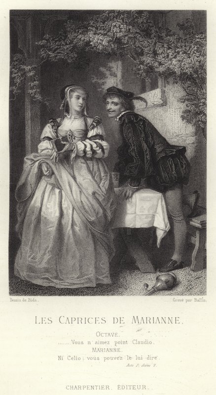Szene aus Les Caprices de Marianne, einem Stück von Alfred de Musset von French School