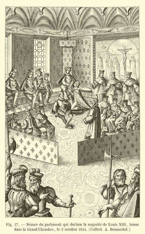 Sitzung des Parlaments, das die Volljährigkeit von Ludwig XIII. erklärt, abgehalten in der Großen Kammer, am 2. Oktober 1614, Sammlung A. Bonnardot von French School