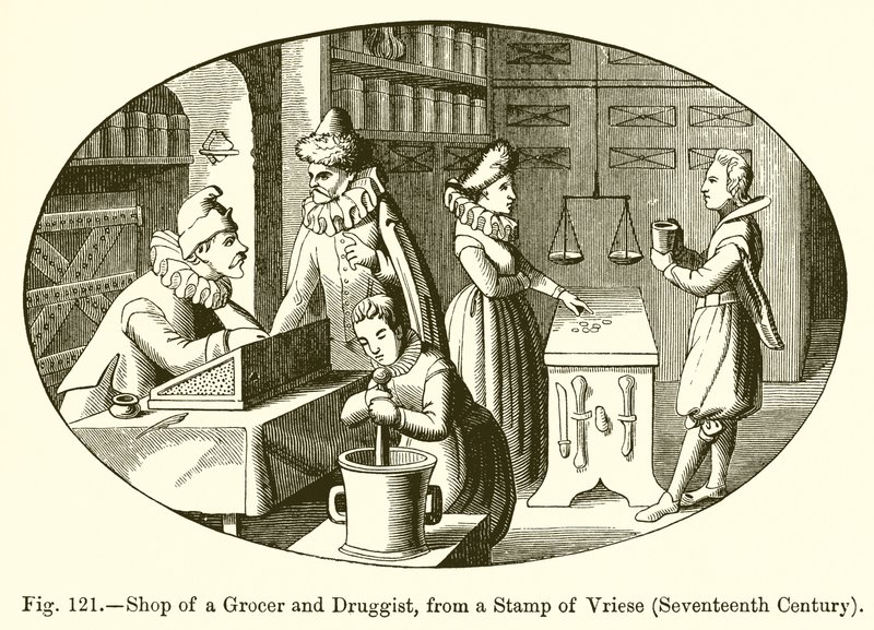 Laden eines Lebensmittelhändlers und Apothekers von French School