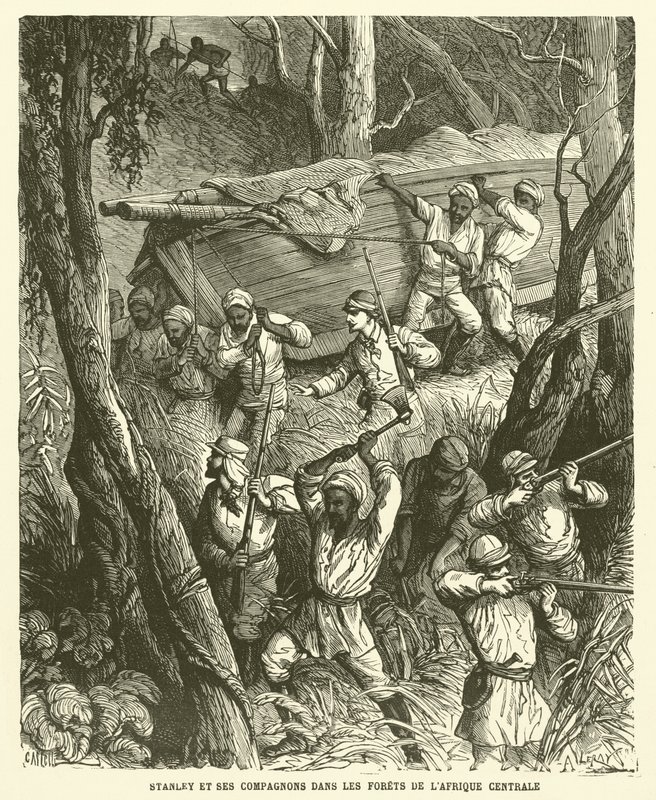 Stanley und seine Gefährten in den Wäldern Zentralafrikas (Gravur) von French School