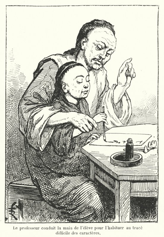 Lehrer führt die Hand eines Schülers, der chinesische Schriftzeichen lernt von French School