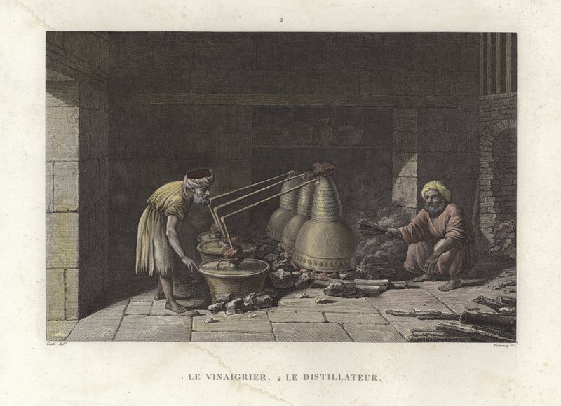 Der Essigmacher, der seine Brennblasen bedient von French School