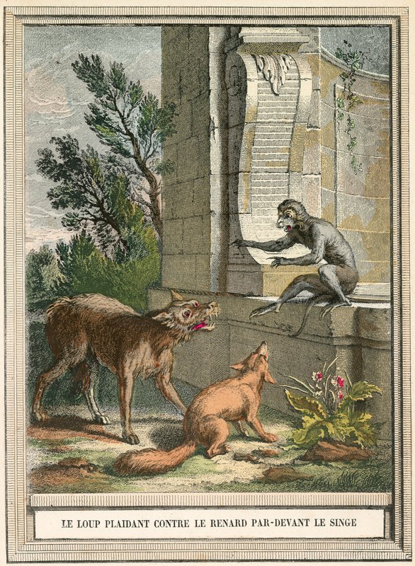 Der Wolf plädiert gegen den Fuchs vor dem Affen von French School