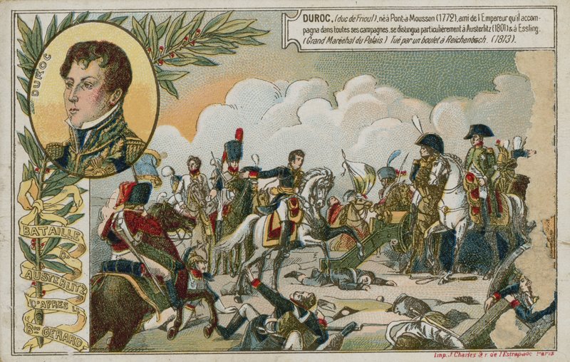 Sammelkarte mit einem Bild der Schlacht von Austerlitz von French School