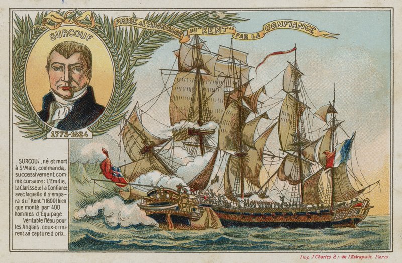 Handelskarte mit einem Bild, das die Eroberung des Ostindienfahrers Kent durch die Confiance darstellt von French School