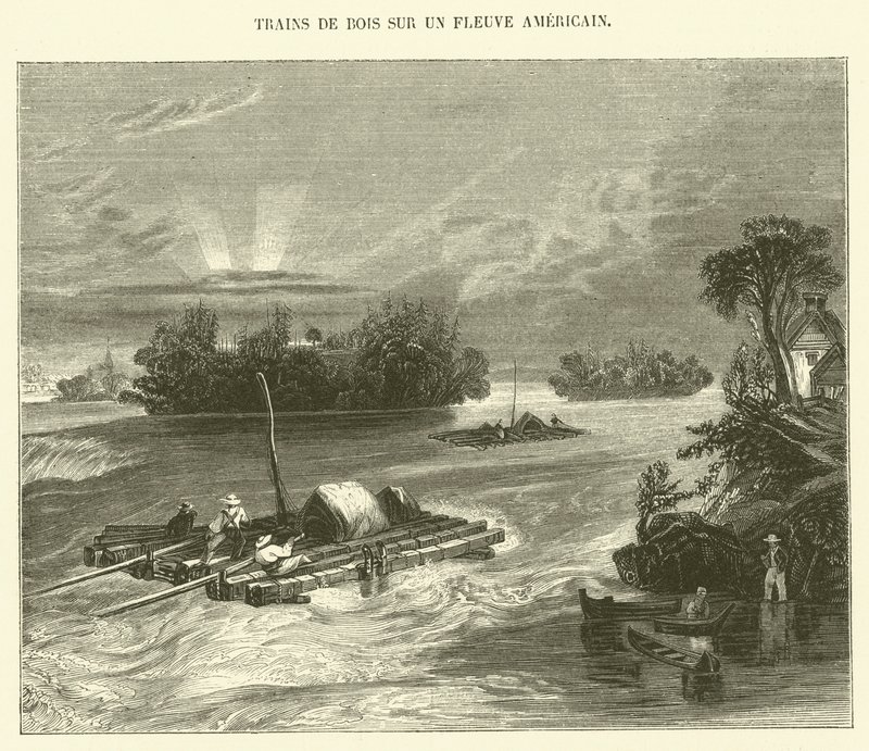 Holztransporte auf einem amerikanischen Fluss (Gravur) von French School
