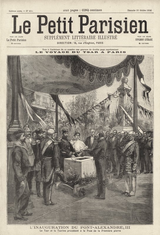 Zar Nikolaus II. und Zarin Alexandra von Russland bei einer Zeremonie zur Grundsteinlegung der Pont Alexandre III in Paris während ihres Besuchs in Frankreich von French School
