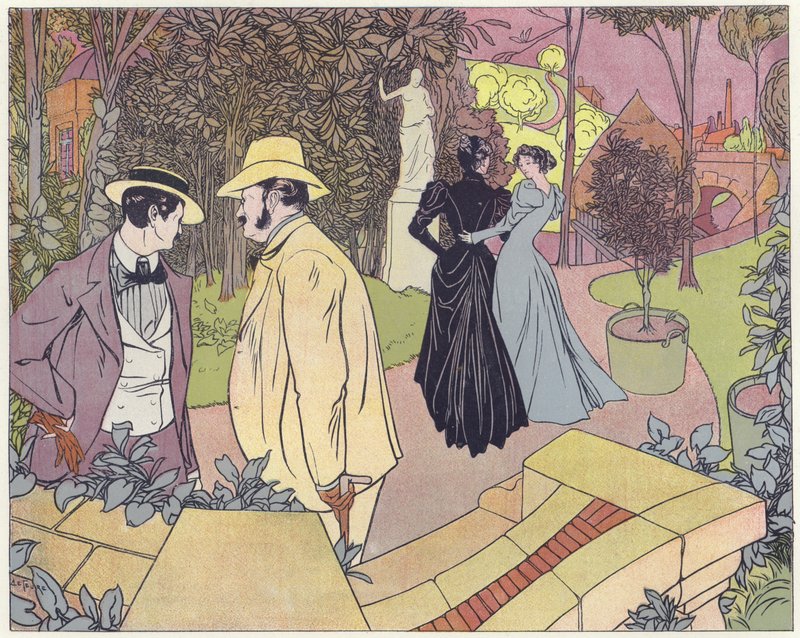 Zwei Männer stehen im Gespräch, während zwei Frauen im Garten spazieren von French School