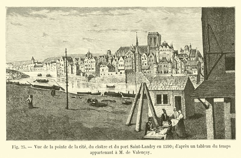 Ansicht der Spitze der Insel, des Klosters und des Hafens Saint-Landry im Jahr 1590, nach einem zeitgenössischen Gemälde im Besitz von M. de Valencay von French School
