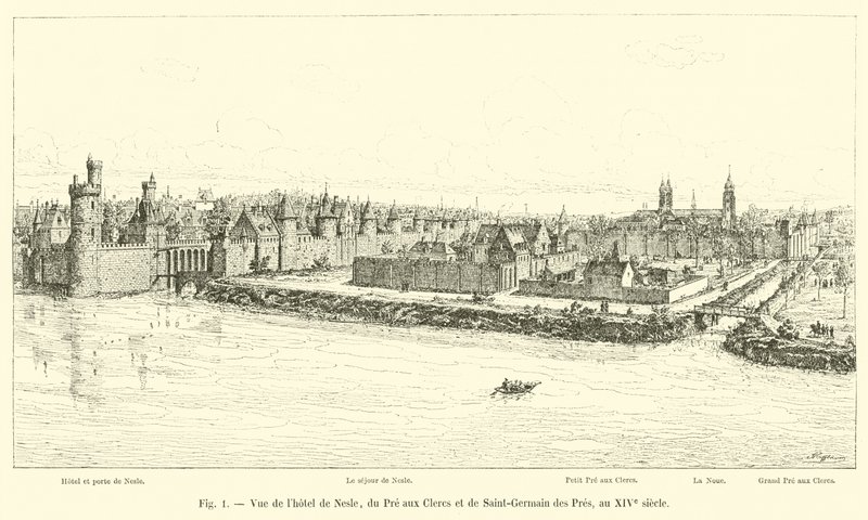 Blick auf das Hotel de Nesle, den Pré aux Clercs und Saint-Germain des Prés im 14. Jahrhundert von French School